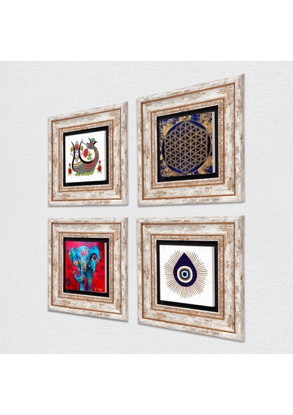 Nazar, Fil, Yaşam Çiçeği, Şahmeran Taş Duvar Tablosu Çerçeveli Duvar Dekoru 4 Parça Tablo Seti Wall Art T4-1436 fiyatları