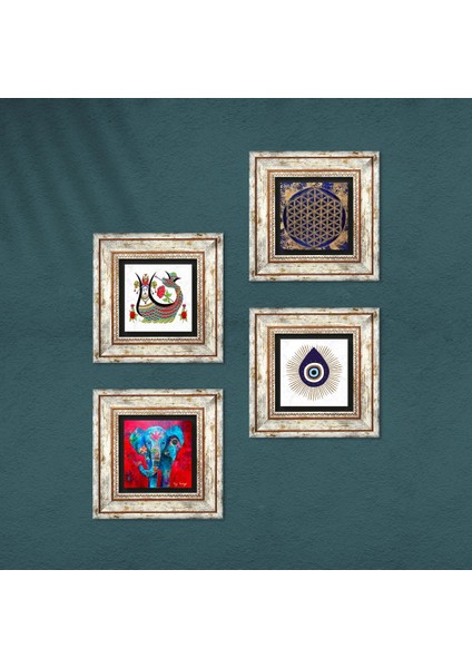 Nazar, Fil, Yaşam Çiçeği, Şahmeran Taş Duvar Tablosu Çerçeveli Duvar Dekoru 4 Parça Tablo Seti Wall Art T4-1436 fırsatları