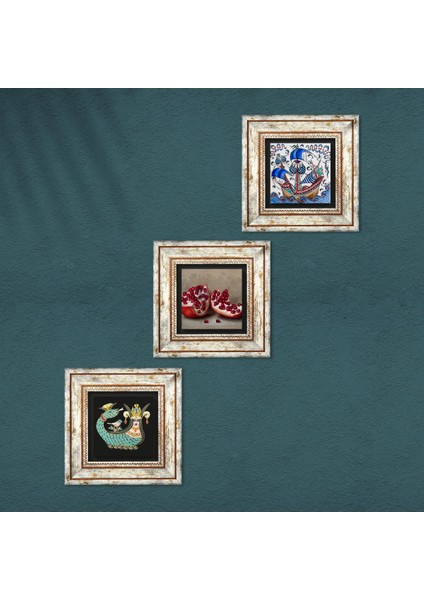 Çini Sanatı Yelkenli Gemi, Şahmeran, Nar Çerçeveli Taş Duvar Tablosu 3’lü Set - Dekoratif Modern Sanat, Ev ve Ofis Dekoru |TK3-998| fırsatları