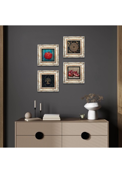 Hayat Ağacı, Şahmeran, Nar Çerçeveli Taş Duvar Tablosu 4’lü Set - Dekoratif Modern Sanat, Ev ve Ofis Dekoru |TK4-1048|