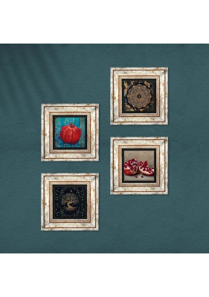 Hayat Ağacı, Şahmeran, Nar Çerçeveli Taş Duvar Tablosu 4’lü Set - Dekoratif Modern Sanat, Ev ve Ofis Dekoru |TK4-1048| fırsatları