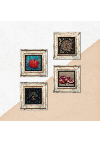Hayat Ağacı, Şahmeran, Nar Çerçeveli Taş Duvar Tablosu 4’lü Set - Dekoratif Modern Sanat, Ev ve Ofis Dekoru |TK4-1048| indirimleri