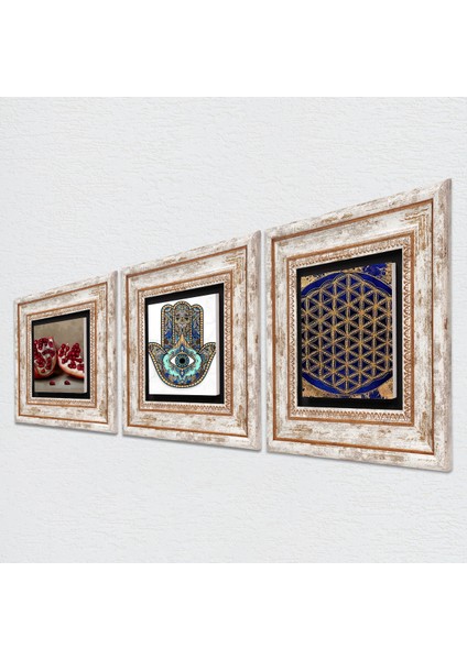 Yaşam Çiçeği, Nar, Fatma Ana Eli (Hamsa) Taş Duvar Tablosu Çerçeveli Duvar Dekoru 3 Parça Tablo Seti Wall Art T3-740 fiyatları