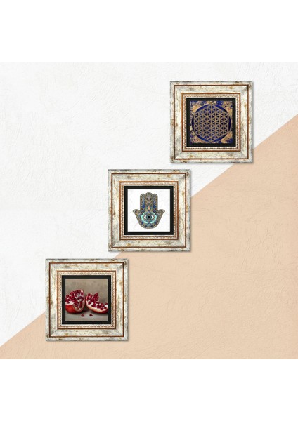 Yaşam Çiçeği, Nar, Fatma Ana Eli (Hamsa) Taş Duvar Tablosu Çerçeveli Duvar Dekoru 3 Parça Tablo Seti Wall Art T3-740 indirimleri