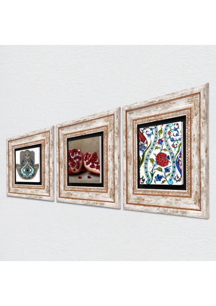 Çini Sanatı Lale, Nar, Fatma Ana Eli (Hamsa) Taş Duvar Tablosu Çerçeveli Duvar Dekoru 3 Parça Tablo Seti Wall Art T3-746