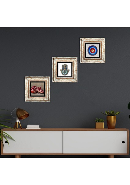 Nazar, Nar, Fatma Ana Eli (Hamsa) Taş Duvar Tablosu Çerçeveli Duvar Dekoru 3 Parça Tablo Seti Wall Art T3-761