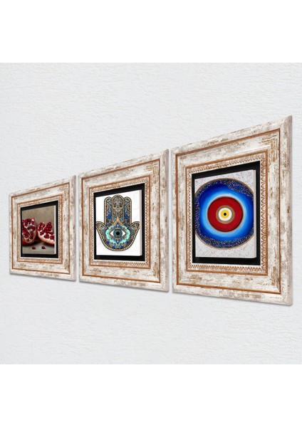 Nazar, Nar, Fatma Ana Eli (Hamsa) Taş Duvar Tablosu Çerçeveli Duvar Dekoru 3 Parça Tablo Seti Wall Art T3-761 fiyatları
