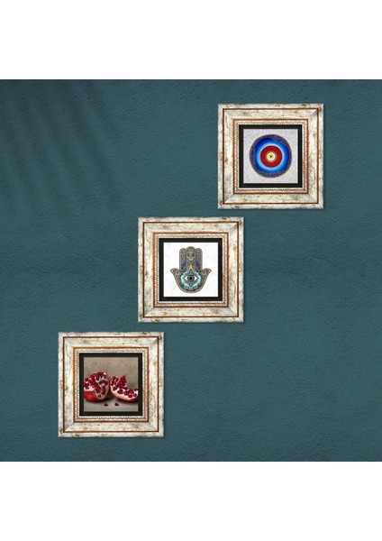 Nazar, Nar, Fatma Ana Eli (Hamsa) Taş Duvar Tablosu Çerçeveli Duvar Dekoru 3 Parça Tablo Seti Wall Art T3-761 fırsatları