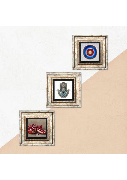 Nazar, Nar, Fatma Ana Eli (Hamsa) Taş Duvar Tablosu Çerçeveli Duvar Dekoru 3 Parça Tablo Seti Wall Art T3-761 indirimleri
