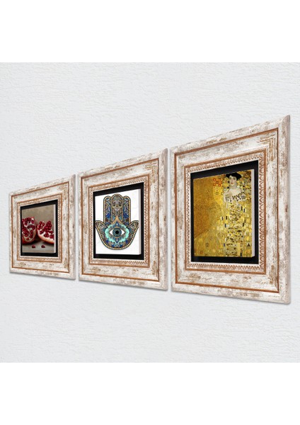 Gustav Klimt Bauer'in Portresi, Nar, Fatma Ana Eli Taş Duvar Tablosu Çerçeveli Duvar Dekoru 3 Parça Tablo Seti Wall Art T3-769