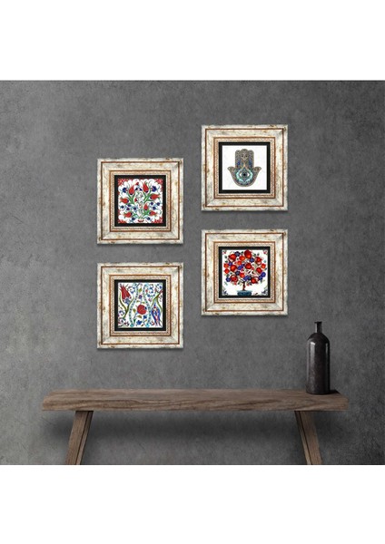 Lale, Nar Ağacı, Fatma Ana Eli (Hamsa) Taş Duvar Tablosu Çerçeveli Duvar Dekoru 4 Parça Tablo Seti Wall Art T4-709