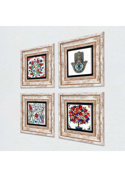 Lale, Nar Ağacı, Fatma Ana Eli (Hamsa) Taş Duvar Tablosu Çerçeveli Duvar Dekoru 4 Parça Tablo Seti Wall Art T4-709 fiyatları