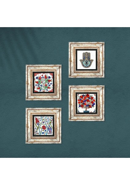 Lale, Nar Ağacı, Fatma Ana Eli (Hamsa) Taş Duvar Tablosu Çerçeveli Duvar Dekoru 4 Parça Tablo Seti Wall Art T4-709 fırsatları