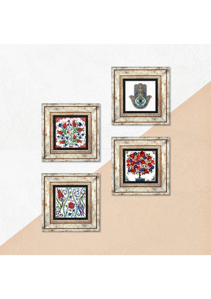 Lale, Nar Ağacı, Fatma Ana Eli (Hamsa) Taş Duvar Tablosu Çerçeveli Duvar Dekoru 4 Parça Tablo Seti Wall Art T4-709 indirimleri
