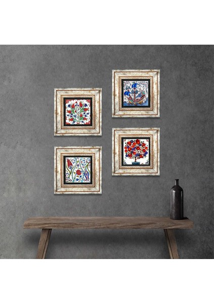 Çini Sanatı Yelkenli Gemi, Lale, Nar Ağacı Çerçeveli Taş Duvar Tablosu 4’lü Set - Dekoratif Modern Sanat, Ev ve Ofis Dekoru |TK4-710|