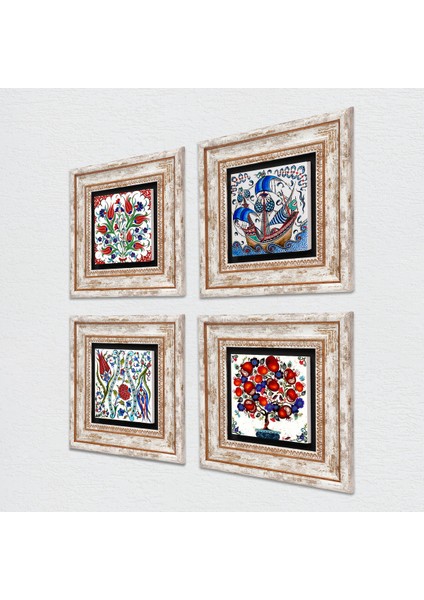 Çini Sanatı Yelkenli Gemi, Lale, Nar Ağacı Çerçeveli Taş Duvar Tablosu 4’lü Set - Dekoratif Modern Sanat, Ev ve Ofis Dekoru |TK4-710| fiyatları