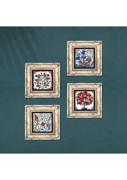 Çini Sanatı Yelkenli Gemi, Lale, Nar Ağacı Çerçeveli Taş Duvar Tablosu 4’lü Set - Dekoratif Modern Sanat, Ev ve Ofis Dekoru |TK4-710| fırsatları
