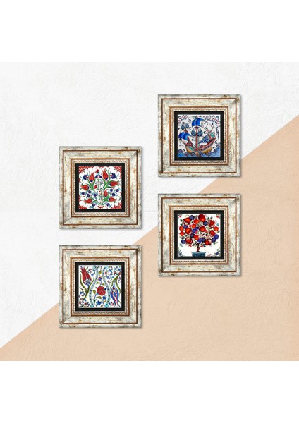 Çini Sanatı Yelkenli Gemi, Lale, Nar Ağacı Çerçeveli Taş Duvar Tablosu 4’lü Set - Dekoratif Modern Sanat, Ev ve Ofis Dekoru |TK4-710| indirimleri