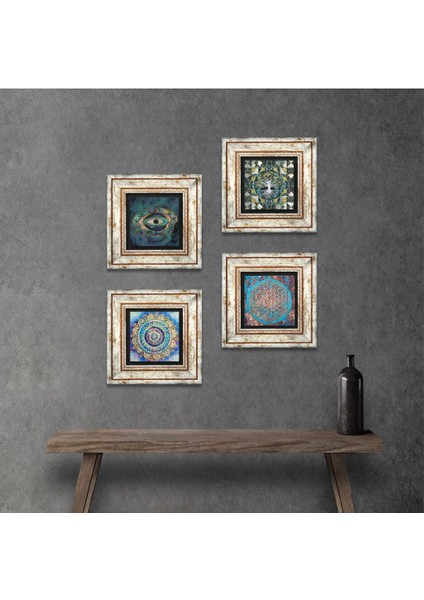 Hayat Ağacı, Mandala, Nazar, Yaşam Çiçeği Taş Duvar Tablosu Çerçeveli Duvar Dekoru 4 Parça Tablo Seti Wall Art T4-716