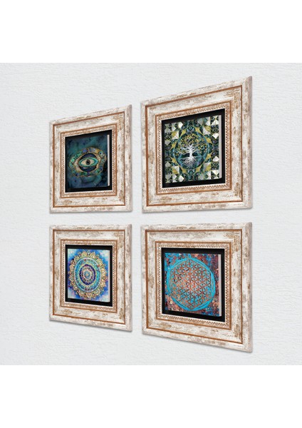 Hayat Ağacı, Mandala, Nazar, Yaşam Çiçeği Taş Duvar Tablosu Çerçeveli Duvar Dekoru 4 Parça Tablo Seti Wall Art T4-716