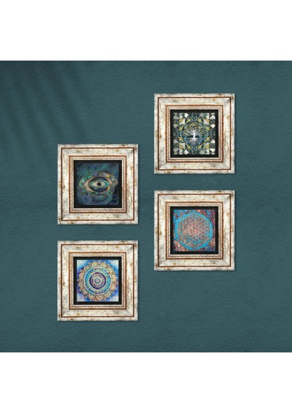 Hayat Ağacı, Mandala, Nazar, Yaşam Çiçeği Taş Duvar Tablosu Çerçeveli Duvar Dekoru 4 Parça Tablo Seti Wall Art T4-716