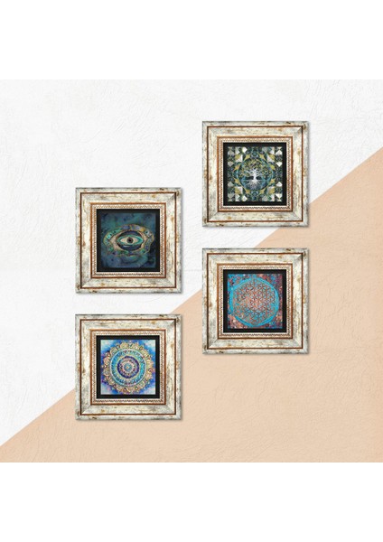 Hayat Ağacı, Mandala, Nazar, Yaşam Çiçeği Taş Duvar Tablosu Çerçeveli Duvar Dekoru 4 Parça Tablo Seti Wall Art T4-716