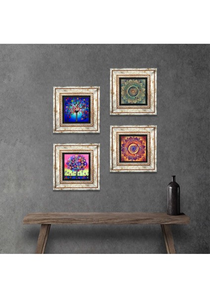 Stone Mandala, Hayat Ağacı Çerçeveli Taş Duvar Tablosu 4’lü Set - Dekoratif Modern Sanat, Ev ve Ofis Dekoru |TK4-722|
