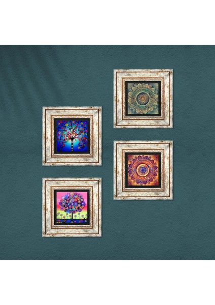 Stone Mandala, Hayat Ağacı Çerçeveli Taş Duvar Tablosu 4’lü Set - Dekoratif Modern Sanat, Ev ve Ofis Dekoru |TK4-722| fırsatları