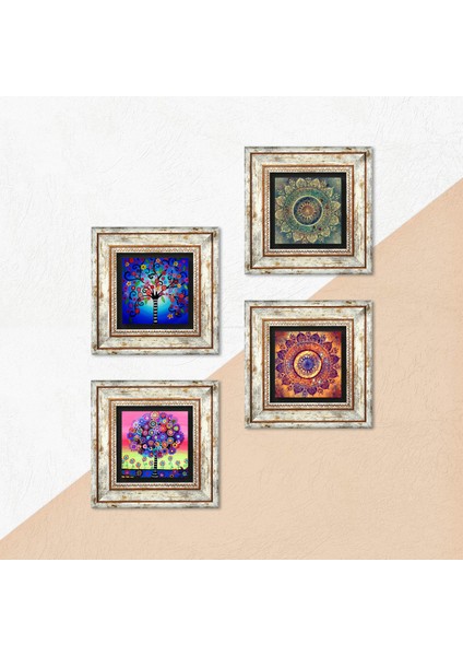 Stone Mandala, Hayat Ağacı Çerçeveli Taş Duvar Tablosu 4’lü Set - Dekoratif Modern Sanat, Ev ve Ofis Dekoru |TK4-722| indirimleri