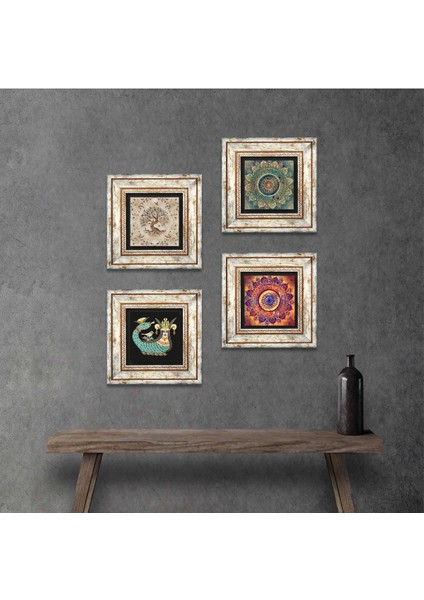 Mandala, Şahmeran, Hayat Ağacı Taş Duvar Tablosu Çerçeveli Duvar Dekoru 4 Parça Tablo Seti Wall Art T4-723