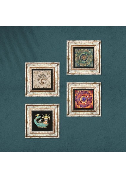 Mandala, Şahmeran, Hayat Ağacı Taş Duvar Tablosu Çerçeveli Duvar Dekoru 4 Parça Tablo Seti Wall Art T4-723