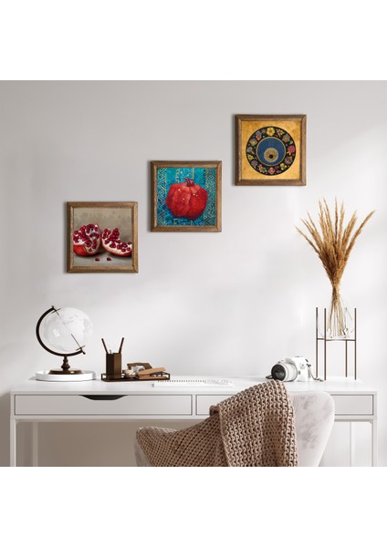 Stone Nazar Boncuğu, Nar Ahşap Çerçeveli Taş Duvar Tablosu 3’lü Set – 25x25 cm Dekoratif Modern Sanat – Ev ve Ofis Dekoru |W3-803|
