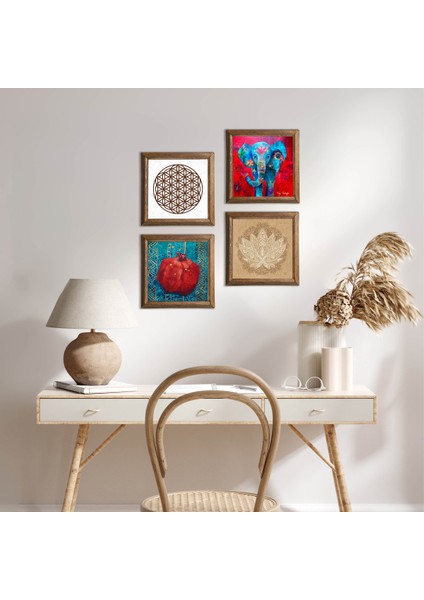 Fil, Lotus Çiçeği, Yaşam Çiçeği, Nar Taş Duvar Tablosu Ahşap Çerçeveli Duvar Dekoru 4 Parça Tablo Seti Wall Art W4-854