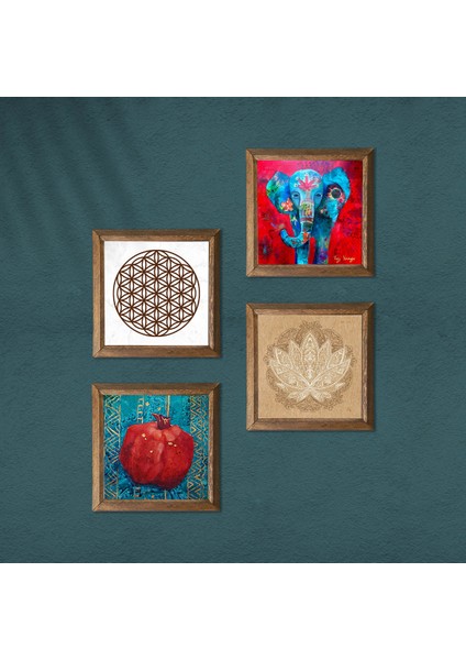Fil, Lotus Çiçeği, Yaşam Çiçeği, Nar Taş Duvar Tablosu Ahşap Çerçeveli Duvar Dekoru 4 Parça Tablo Seti Wall Art W4-854 modelleri