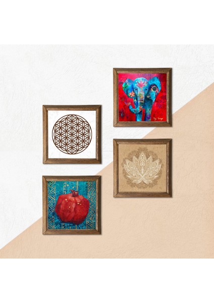 Fil, Lotus Çiçeği, Yaşam Çiçeği, Nar Taş Duvar Tablosu Ahşap Çerçeveli Duvar Dekoru 4 Parça Tablo Seti Wall Art W4-854 indirimleri