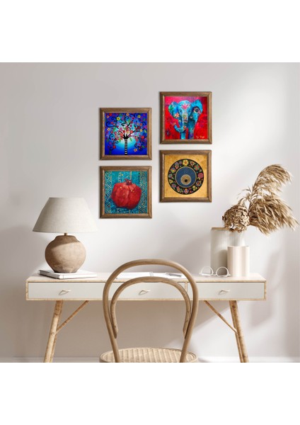 Fil, Nazar, Hayat Ağacı, Nar Taş Duvar Tablosu Ahşap Çerçeveli Duvar Dekoru 4 Parça Tablo Seti Wall Art W4-859