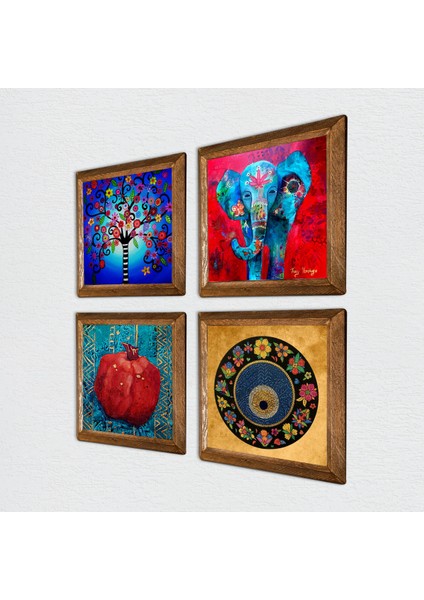 Fil, Nazar, Hayat Ağacı, Nar Taş Duvar Tablosu Ahşap Çerçeveli Duvar Dekoru 4 Parça Tablo Seti Wall Art W4-859