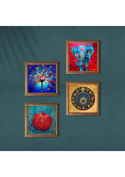 Fil, Nazar, Hayat Ağacı, Nar Taş Duvar Tablosu Ahşap Çerçeveli Duvar Dekoru 4 Parça Tablo Seti Wall Art W4-859