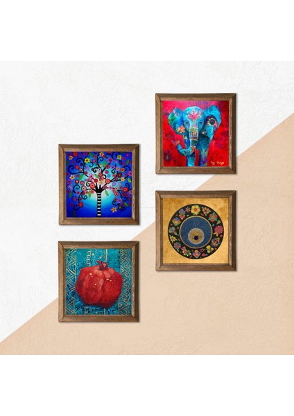 Fil, Nazar, Hayat Ağacı, Nar Taş Duvar Tablosu Ahşap Çerçeveli Duvar Dekoru 4 Parça Tablo Seti Wall Art W4-859