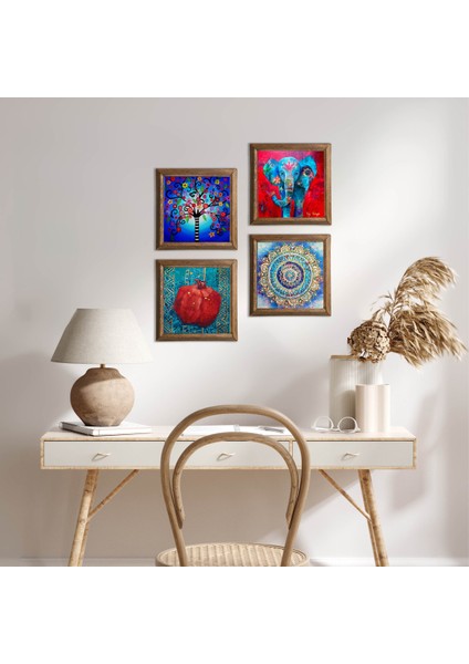 Mandala, Fil, Hayat Ağacı, Nar Ahşap Çerçeveli Taş Duvar Tablosu 4’lü Set – 25x25 cm Dekoratif Modern Sanat – Ev ve Ofis Dekoru |W4-867|