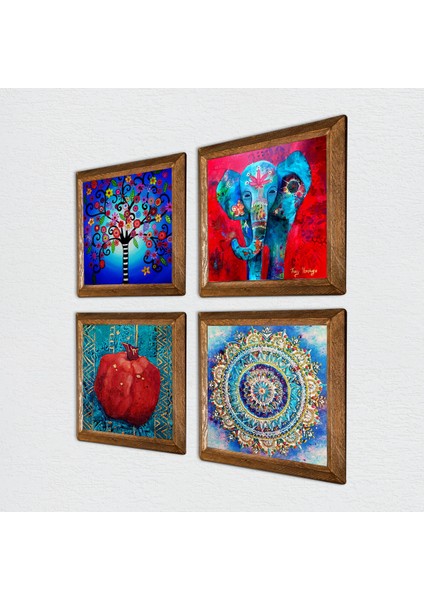 Mandala, Fil, Hayat Ağacı, Nar Ahşap Çerçeveli Taş Duvar Tablosu 4’lü Set – 25x25 cm Dekoratif Modern Sanat – Ev ve Ofis Dekoru |W4-867| fiyatları