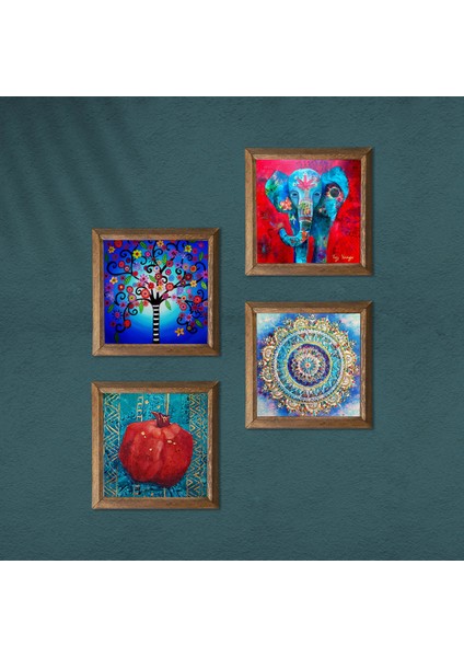 Mandala, Fil, Hayat Ağacı, Nar Ahşap Çerçeveli Taş Duvar Tablosu 4’lü Set – 25x25 cm Dekoratif Modern Sanat – Ev ve Ofis Dekoru |W4-867| modelleri