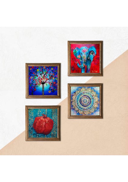 Mandala, Fil, Hayat Ağacı, Nar Ahşap Çerçeveli Taş Duvar Tablosu 4’lü Set – 25x25 cm Dekoratif Modern Sanat – Ev ve Ofis Dekoru |W4-867| indirimleri
