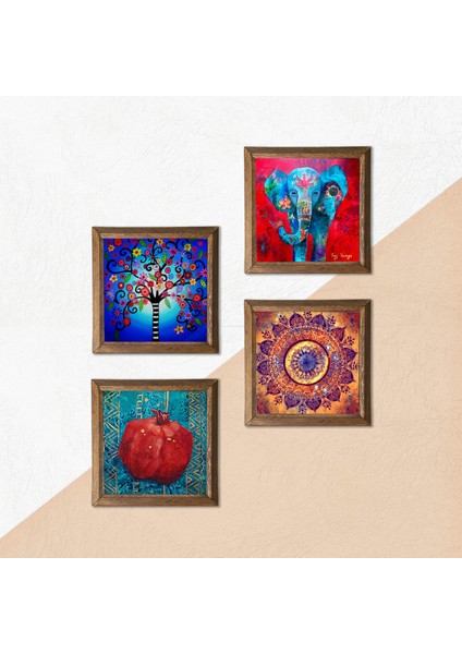 Mandala, Fil, Hayat Ağacı, Nar Taş Duvar Tablosu Ahşap Çerçeveli Duvar Dekoru 4 Parça Tablo Seti Wall Art W4-868 indirimleri