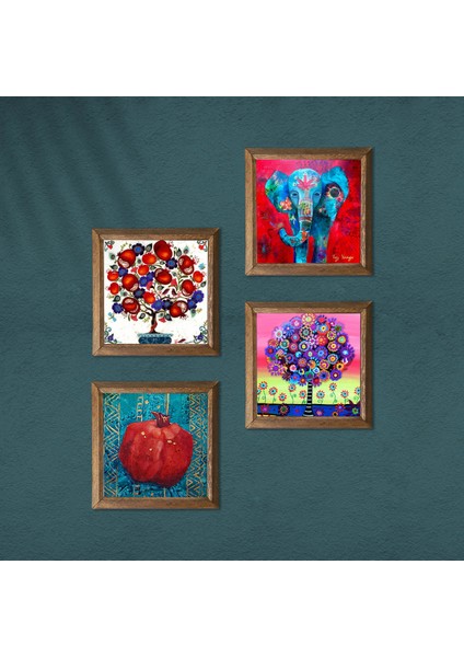 Fil, Hayat Ağacı, Nar Ağacı, Nar Taş Duvar Tablosu Ahşap Çerçeveli Duvar Dekoru 4 Parça Tablo Seti Wall Art W4-877