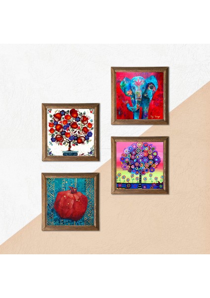 Fil, Hayat Ağacı, Nar Ağacı, Nar Taş Duvar Tablosu Ahşap Çerçeveli Duvar Dekoru 4 Parça Tablo Seti Wall Art W4-877