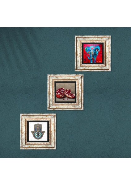Fil, Nar, Fatma Ana Eli (Hamsa) Çerçeveli Taş Duvar Tablosu 3’lü Set - Dekoratif Modern Sanat, Ev ve Ofis Dekoru |TK3-755| fırsatları