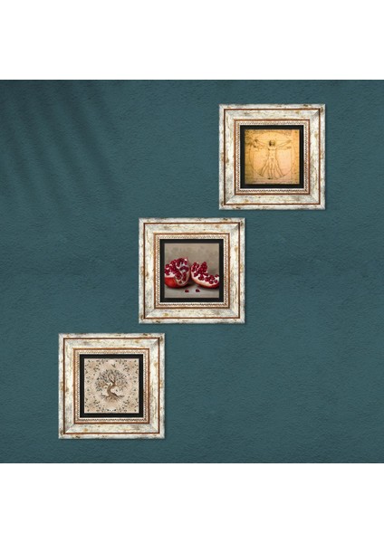 Leonardo da Vinci Vitruvius Adamı, Hayat Ağacı, Nar Çerçeveli Taş Duvar Tablosu 3’lü Set - Dekoratif Modern Sanat, Ev ve Ofis Dekoru |TK3-902| fırsatları