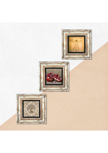 Leonardo da Vinci Vitruvius Adamı, Hayat Ağacı, Nar Çerçeveli Taş Duvar Tablosu 3’lü Set - Dekoratif Modern Sanat, Ev ve Ofis Dekoru |TK3-902| indirimleri