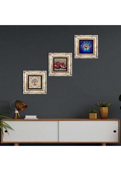 Stone Hayat Ağacı, Nar Çerçeveli Taş Duvar Tablosu 3’lü Set - Dekoratif Modern Sanat, Ev ve Ofis Dekoru |TK3-909|